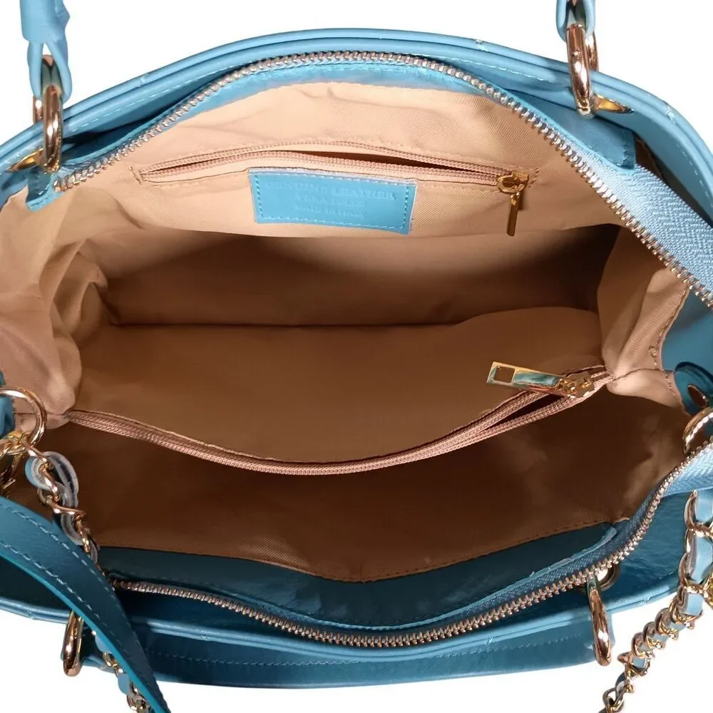 Unica! Firenze Tote Shoulder Crossbody Bag Blue Leather Made in Italy
